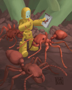 A tiny robot stands insode a group of ants. The robot holds up a sketchbook and examines a sketch of an ant.