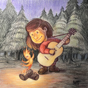 A girl plays the guitar while a small fire spirit dances on a pile of wood.