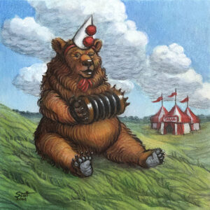 A brown bear sits on a grassy hillside, weearing cone-shaped hat and playing a concertina. A group of circus tents stands in the distance.