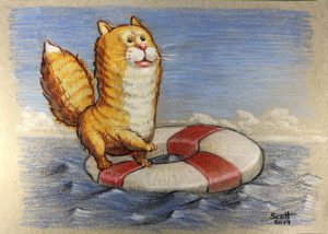 An orange, stylized cat with a long next stands on a red and white flotation device floating on the surface of a lake.