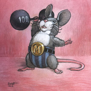 A gray mouse dressed like an old-time circus strongman uses one hand to lift a barbell marked "100g"
