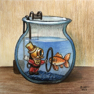 In a fishbowl, a man in an old-fashioned red and gold diving suit holds a ring in front of a goldfish. The suit's helmet includes a top hat and an old-fashioned handlebar mustache. The man gestures as if he's coaxing the fish to swim through the hoop.