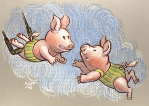 Two anthromorphized pigs perform in a trapeze act. One hangs from a trapeze by his knees and reaches out with his arms. The other flies through the ait and reaches out towards her partner.