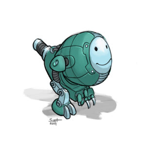 Digital illustration of a green two-legged robot with short arms and a smiling face.