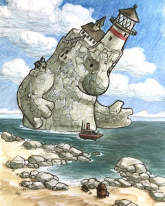 A stone giant with a lighthouse on their head guides a boat across the water.