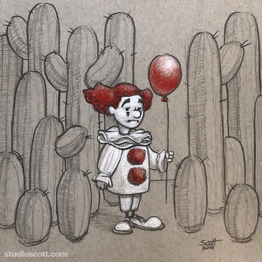 Illustration of a clown with a balloon and several cactuses.