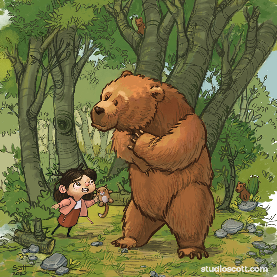 Illustration of a little girl and a bear.