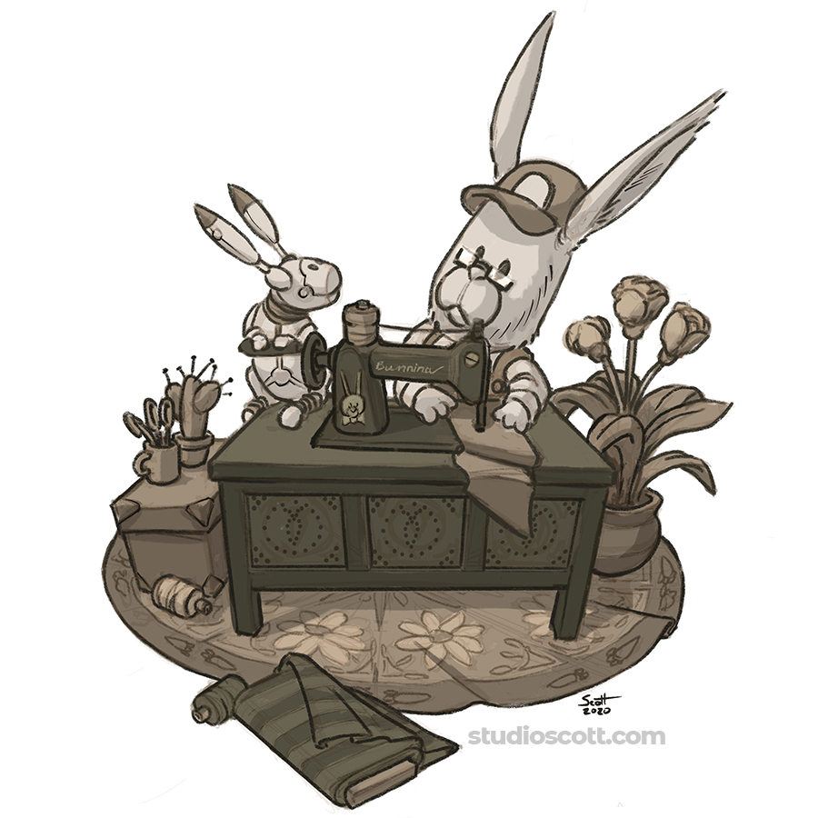 Illustration of a bunny using a sewing machine.