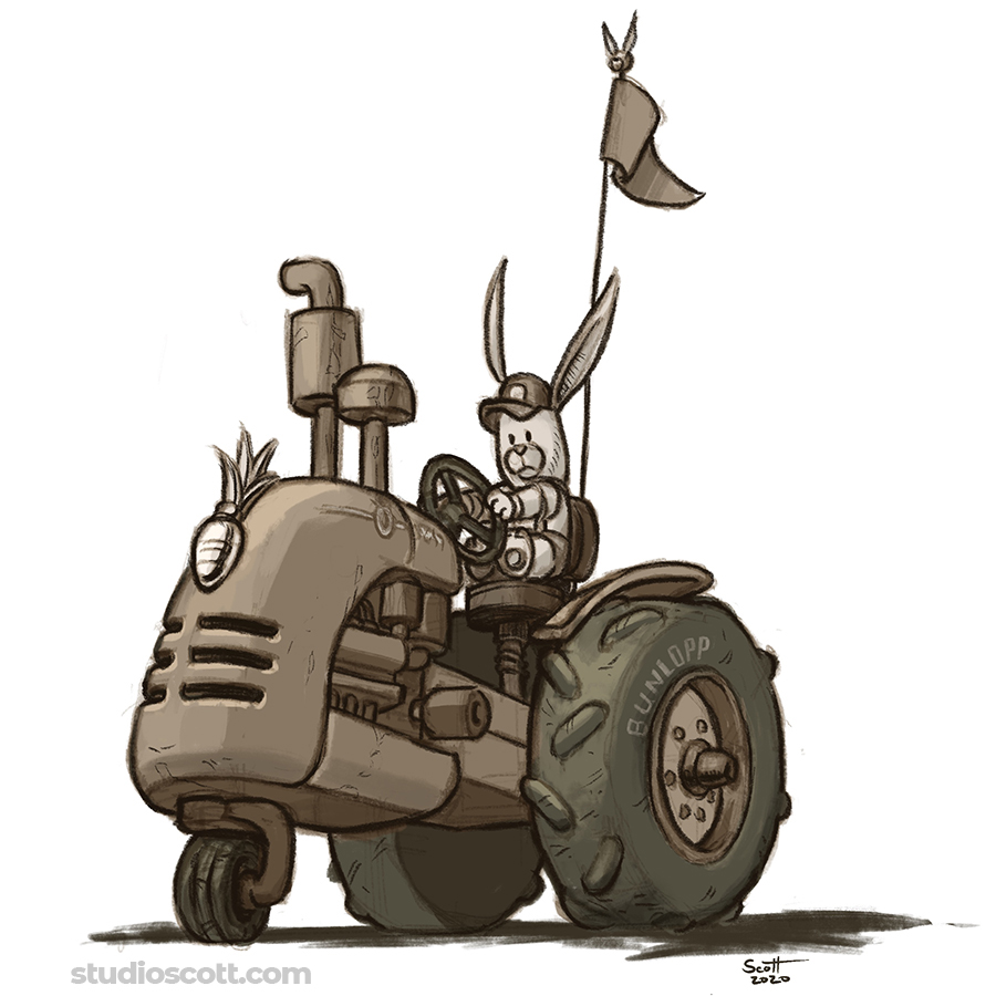 Illustration of a bunny driving a tractor.