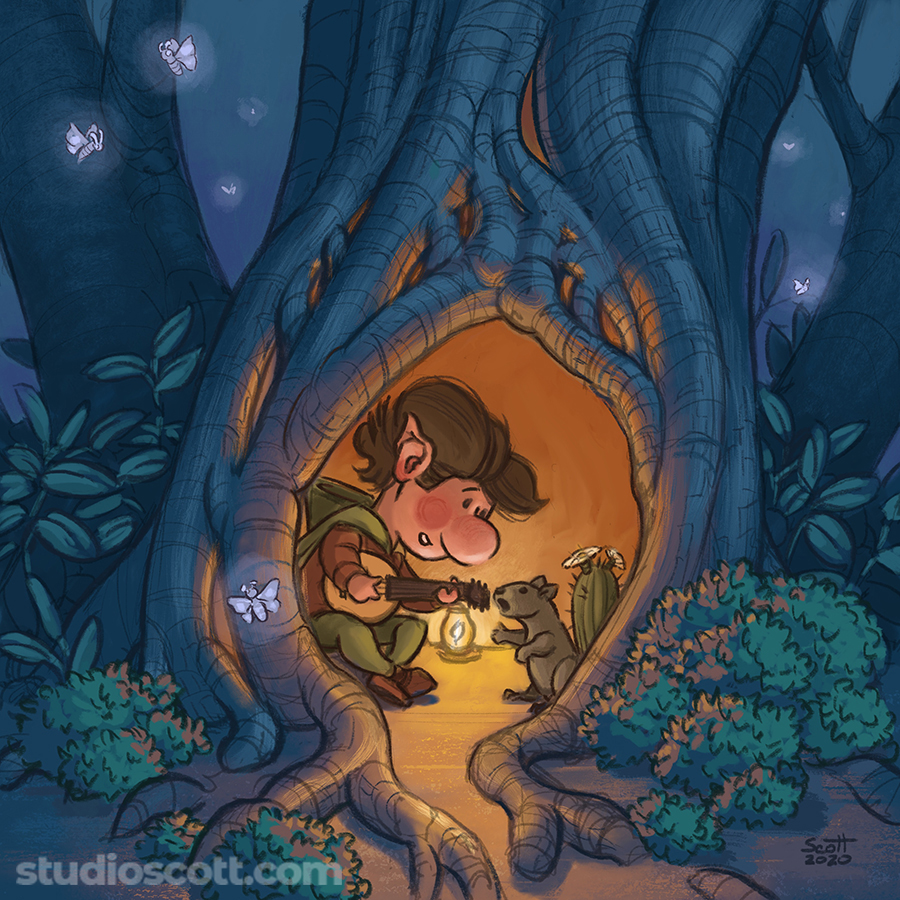 Illustration of a gnome and a squirrel inside a hollow tree.