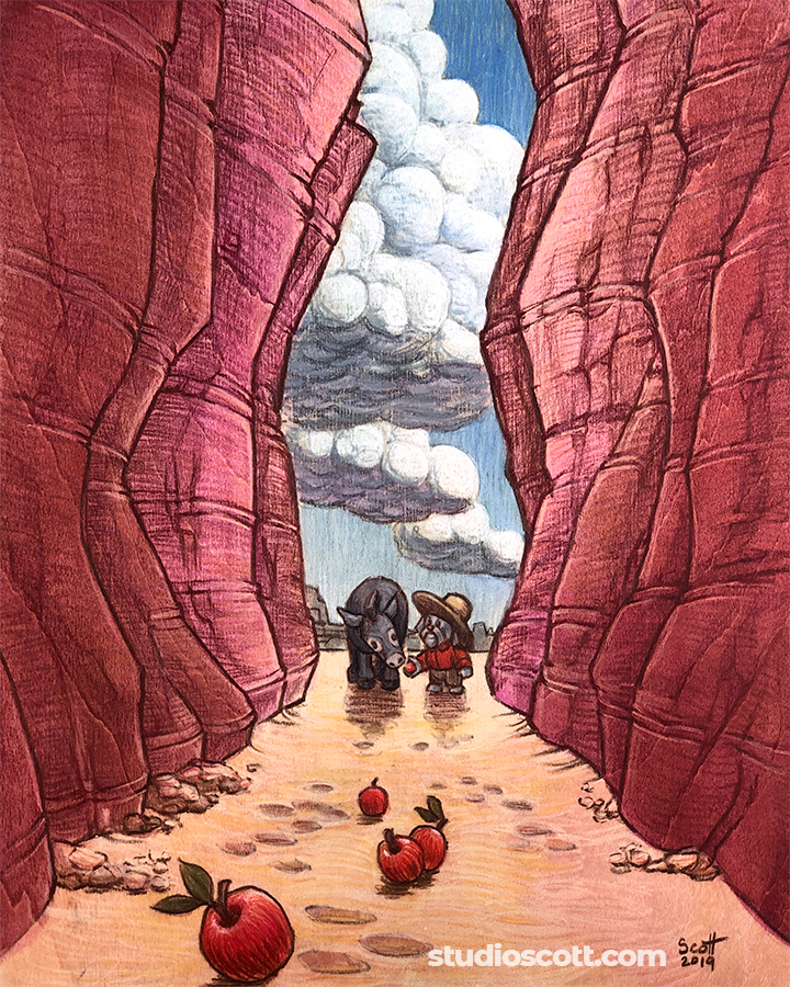 Illustration of a donkey and a dog in a hat standing in a canyon.