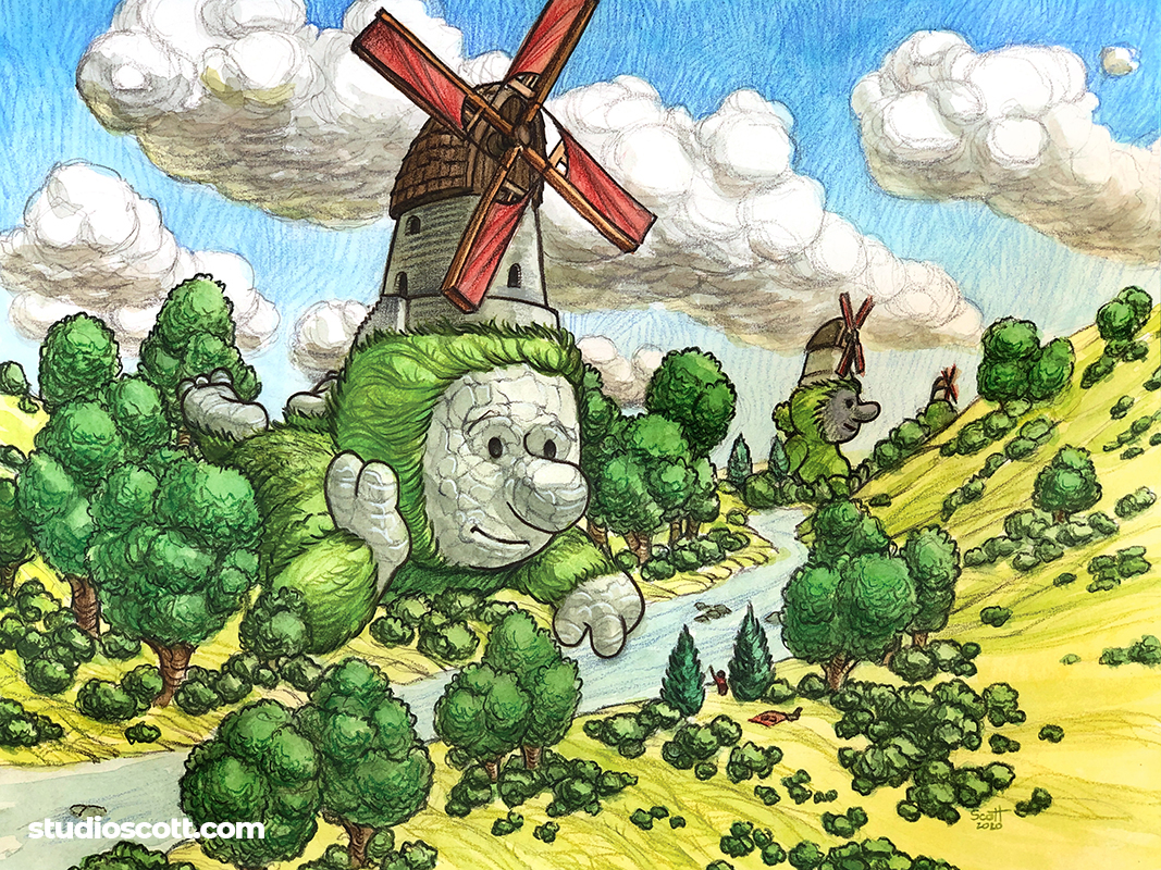 Illustration of a giant with a windmill on its head.