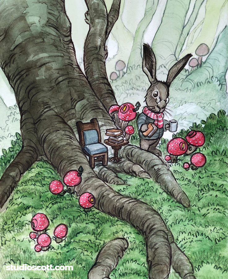 Illustration of a bunny carrying a book and a mug of cocoa in the forest.