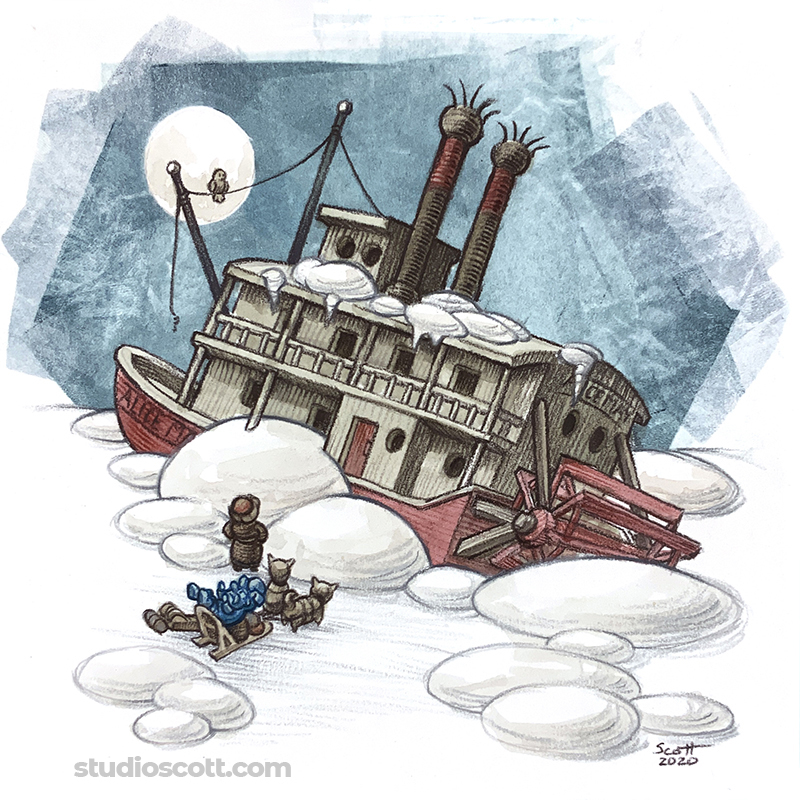 Illustration of a wrecked steamboat trapped in the ice.