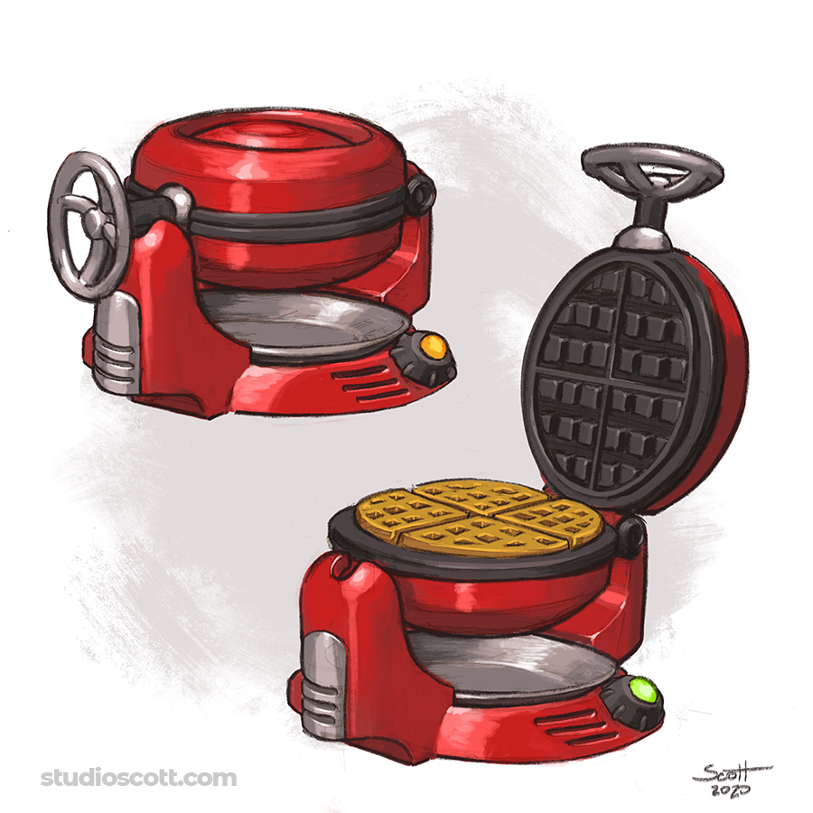 Two illustrations of a wafflemaker.