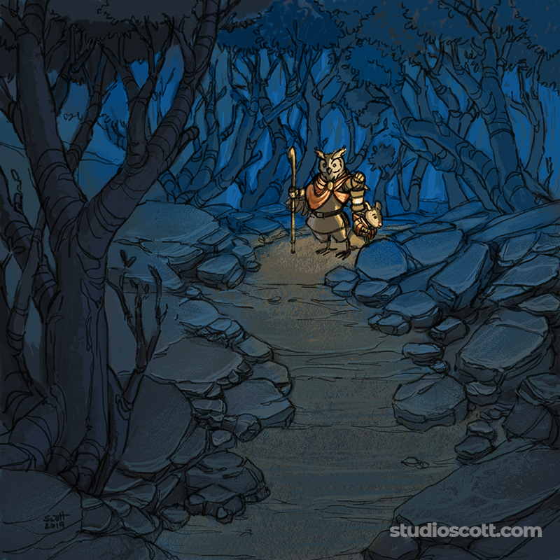 Illustration of two adventurers holding a lantern in a dark forest.