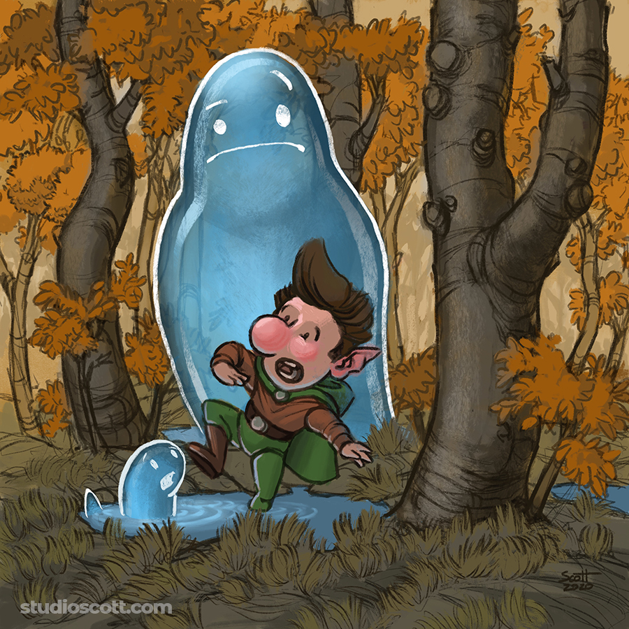 Illustration of a gnome and two water spirits in the forest.