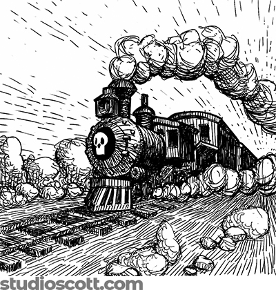 Illustration of a steam train speeding towards the viewer. There's a skull emblem painted on the front of the train.