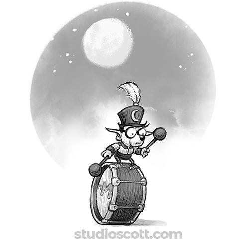 Illustration of a tiny werewolf standing on a bass drum.