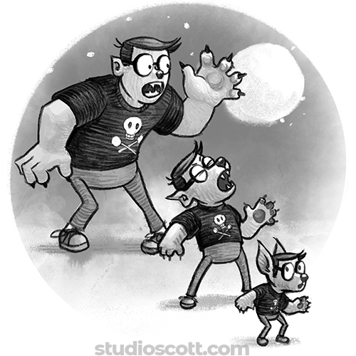 Illustration of a large buy transforming into a tiny werewolf.