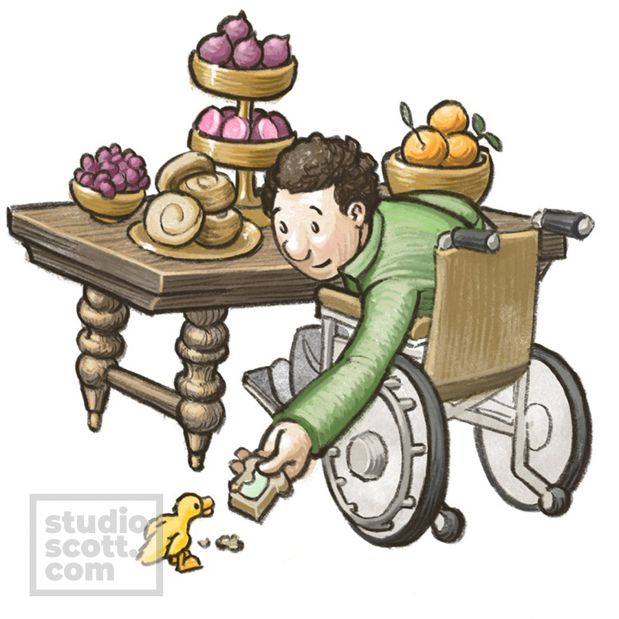 A person in a wheelchair feeds avocado toast to a ducking. The table in front of them is filled with food.