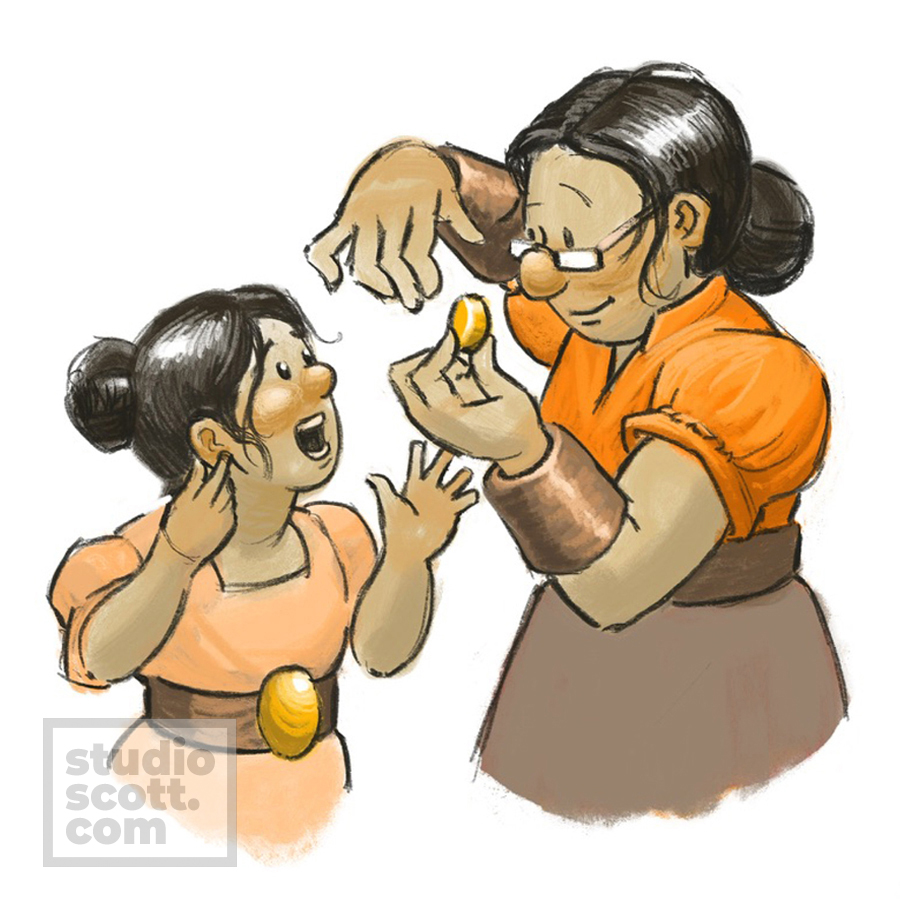 A mother performs a coin trick for her daughter.