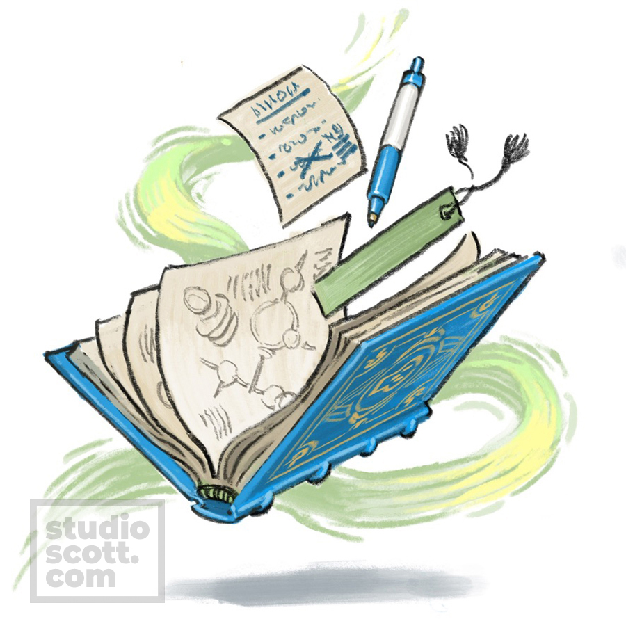 An open book with magical symbols floats in the air, along with a pen, a bookmark and a sticky note.