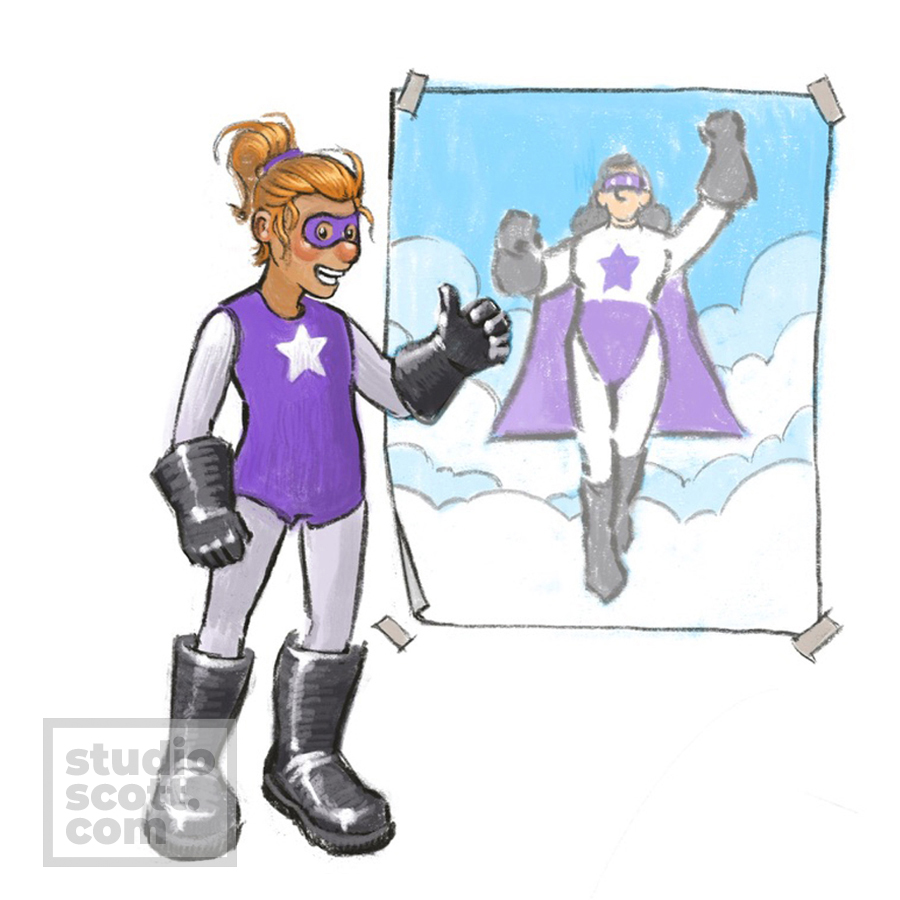 An enthusiastic sidekick gives a thumbs up next to a poster of her super-powered mentor.