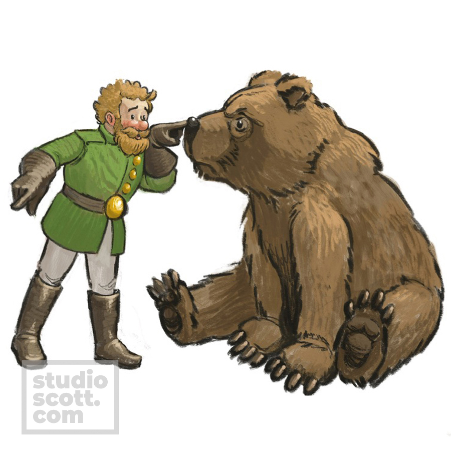 A cheerful man pokes an irritated bear's nose.