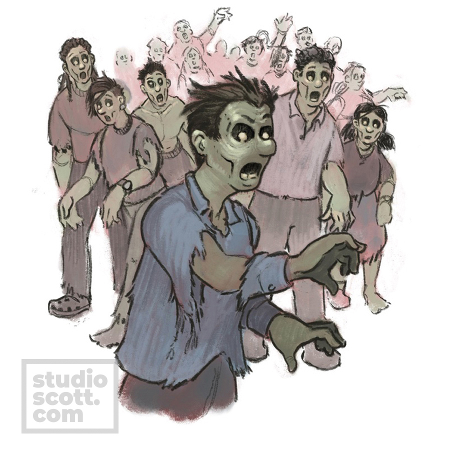 A horde of zombies that has just noticed the viewer.