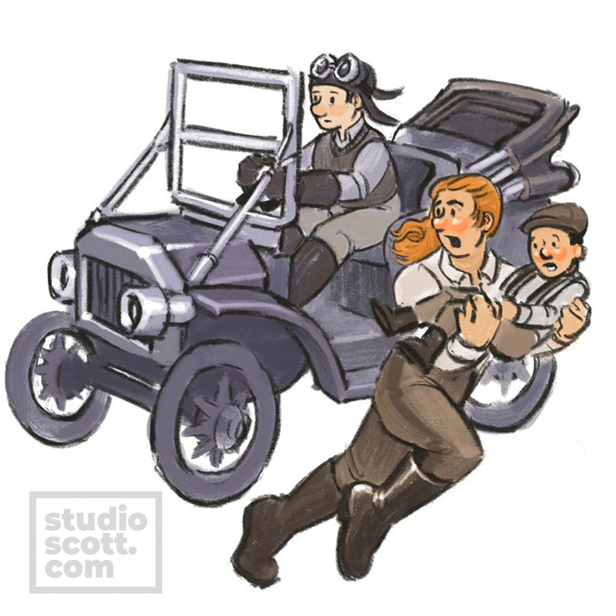 A woman rescues a child who is about to be struck by an old-fashioned car.