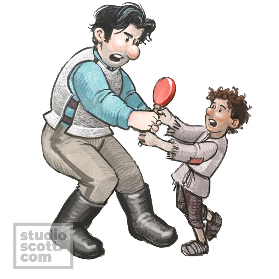 An adult and a child fighting over a lollipop.