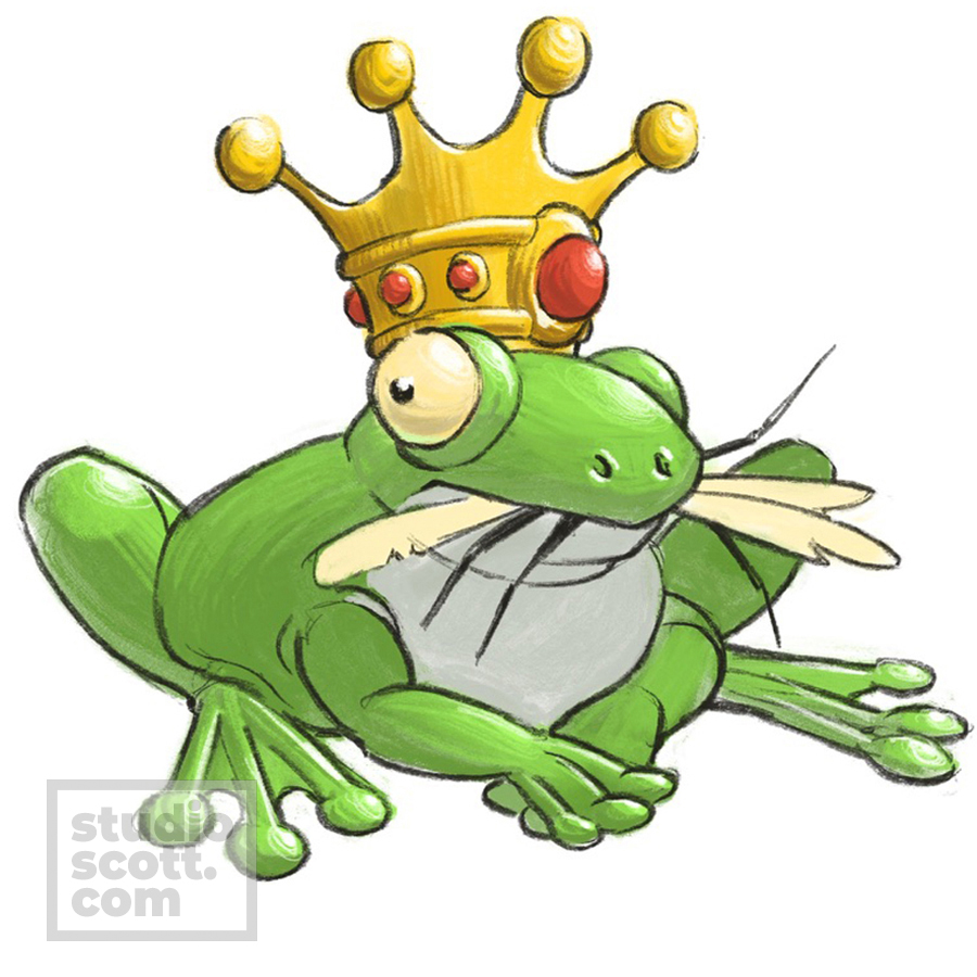 A frog wearing a crown. The legs and wings of a large insect stick out of its mouth.