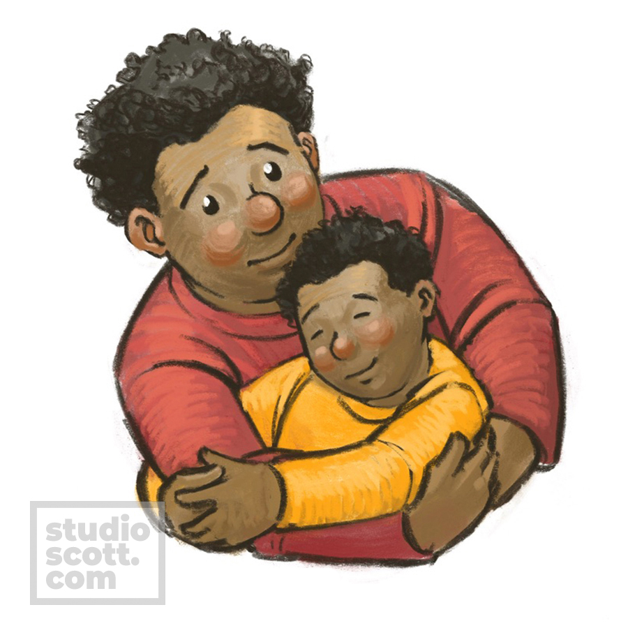 An adult wraps a child in their arms.