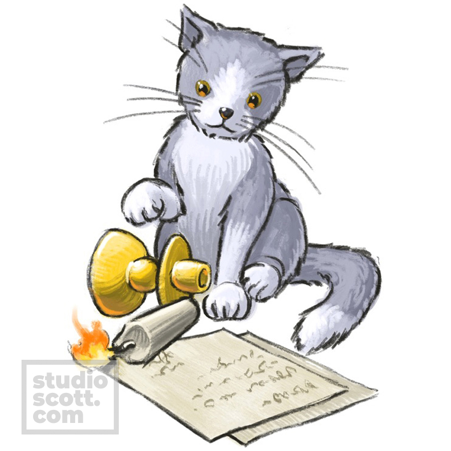 A cat tipes over a burning candle, igniting a stack of hand-written papers.