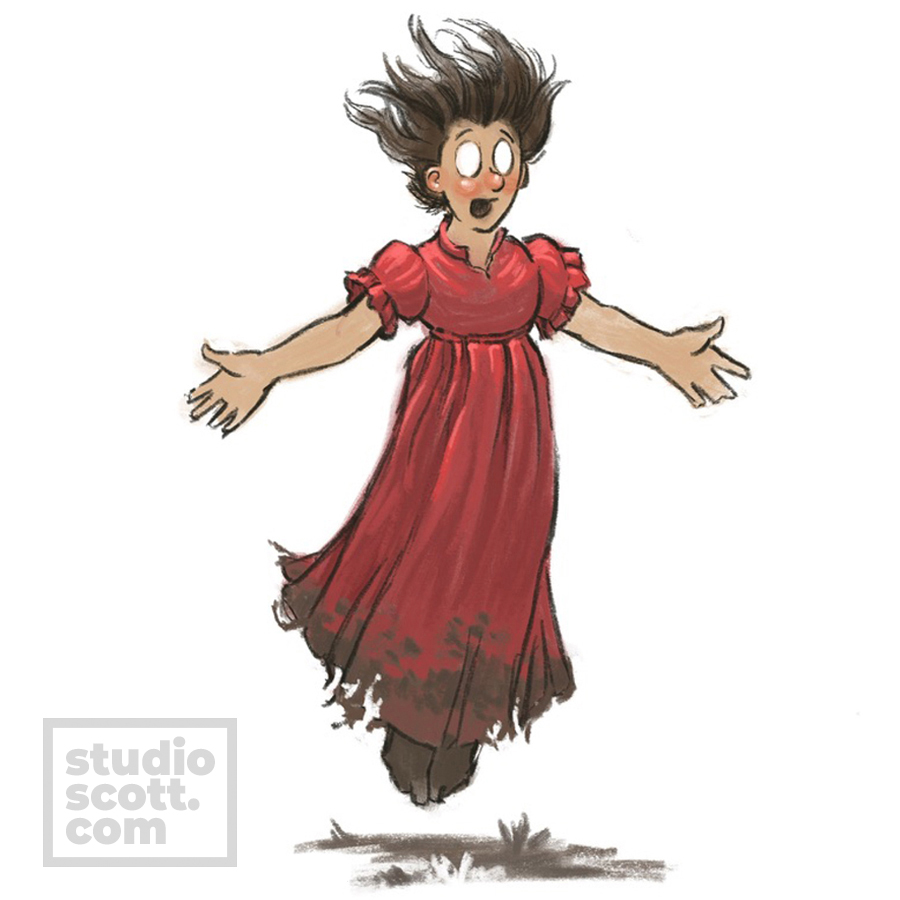 A grinning girl with wide eyes and a tattered dress hovers a few inches above the ground