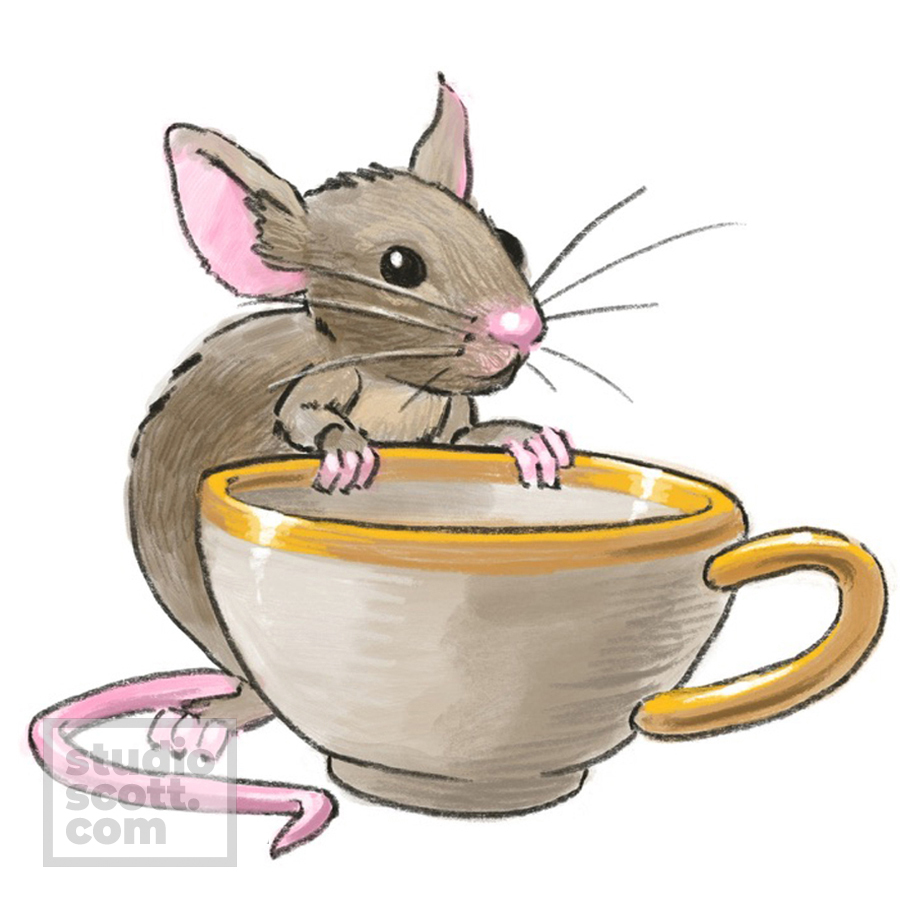 A mouse standing behind a small teacup.