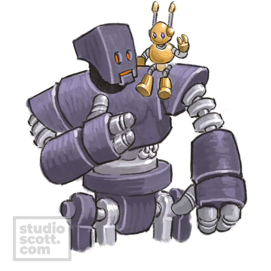A small gold robot sits on the shoulder of a large purple robot.