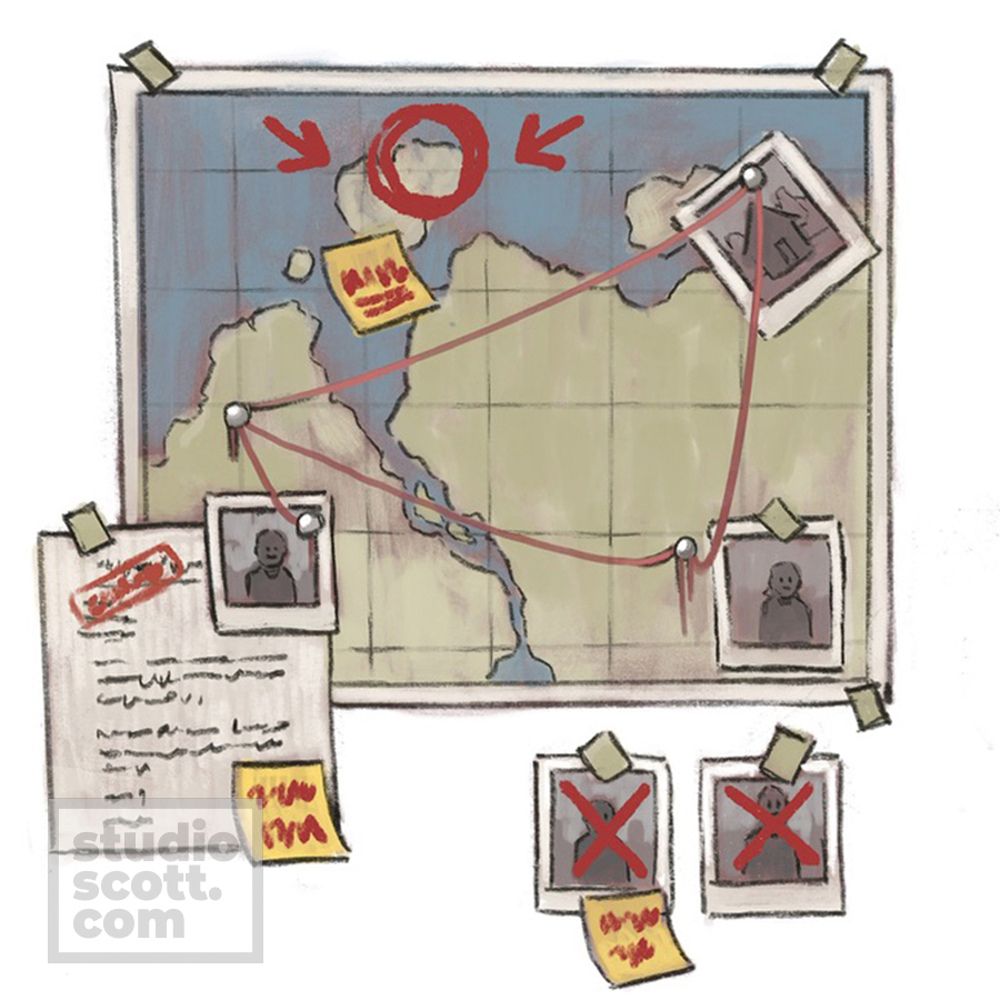 A conspiracy theorist's bulletin board, including a map, top-secret documents and photographs connected by lengths of string.