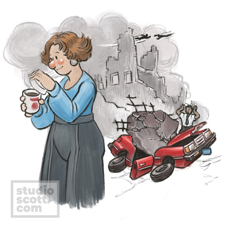 A woman lifts the lid on a cup of coffee. In the back, a person looks in dismay at a smashed car and two superheroes fight in the distance.