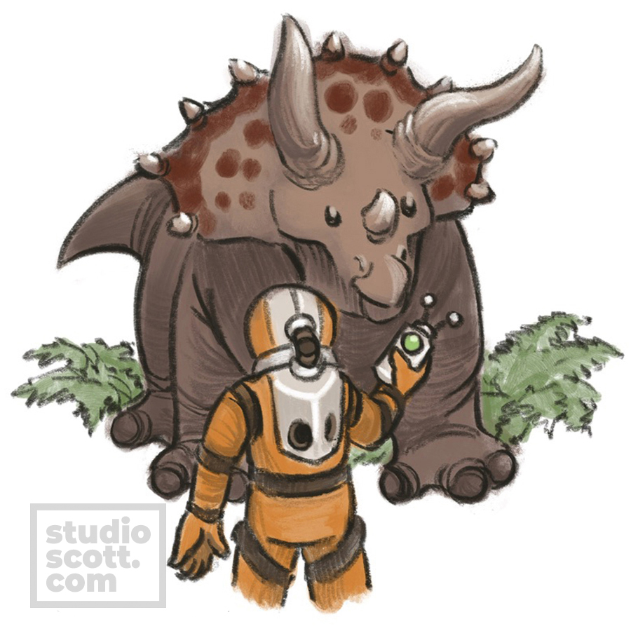 A person in an orange space suit stands in front of a curious triceratops. They are raising a sci-fi scanner in their right hand.