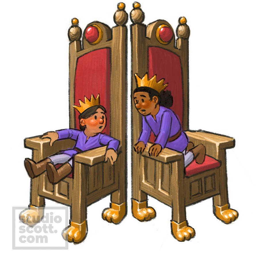 Two kids sitting awkwardly on adult-sized thrones.