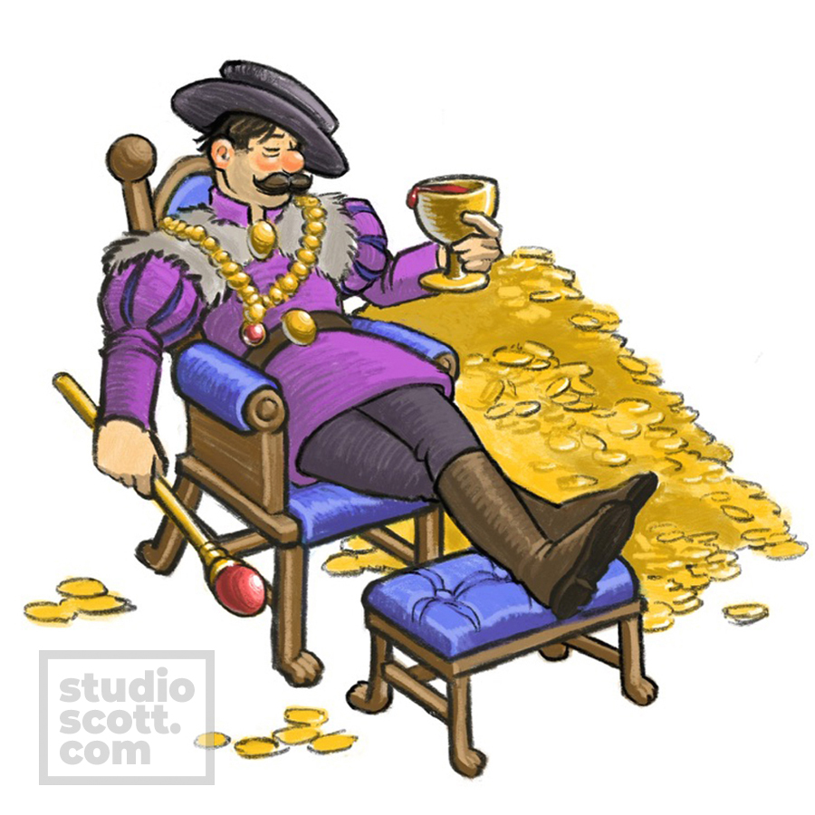 A man in rich clothing drinks wine and slouches in an antique chair. behind him is large pile of gold.