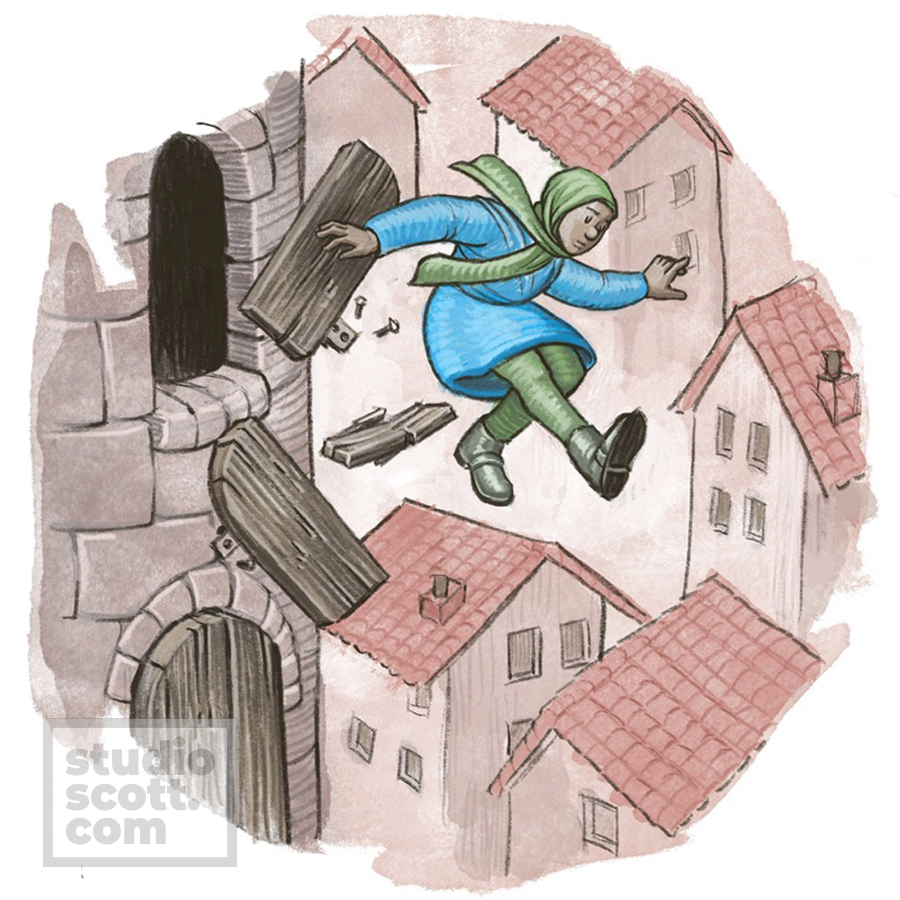A woman leaps out of a shuttered window in a stone tower. Behind her are several stuccoed, red-roofed buildings.