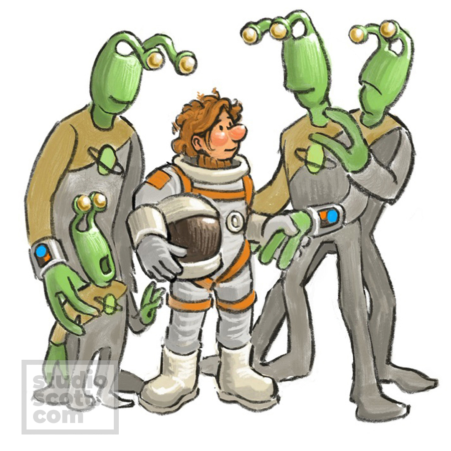 A group of tall, green skinned aliens cluster around an astronaut. She has removed her helmet and is shaking hands with one of the aliens.