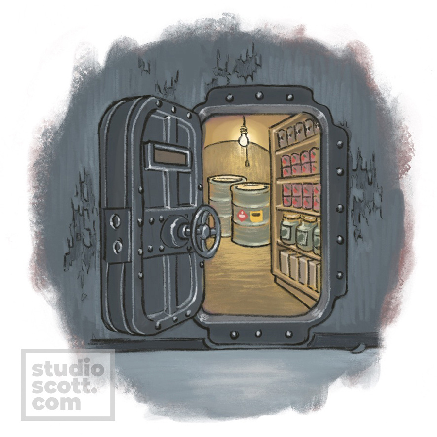 An open vault door in a dark basement wall. Beyond the door are shelves food, barrels of oil and a dangling yellow light bulb.