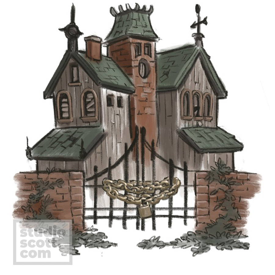 An abandoned, decaying mansion behind a chained iron gate.