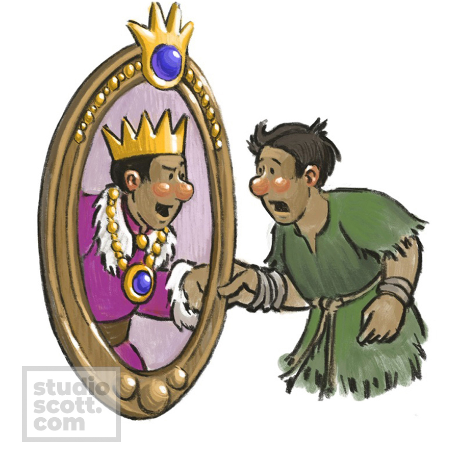 A dismayed in tattered clothes looks into a framed mirror. His reflection smirks back and wears royal robes and a crown.
