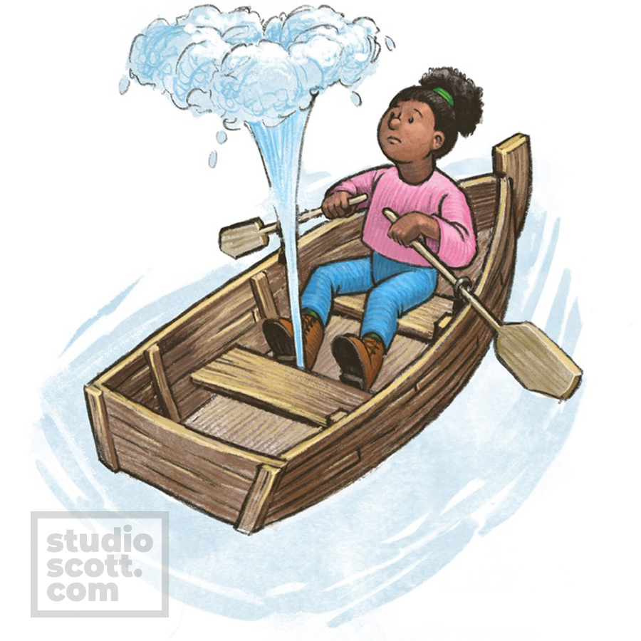 A person sits in a rowboat and watches a spray of water rising from a hole in the boat's hull.