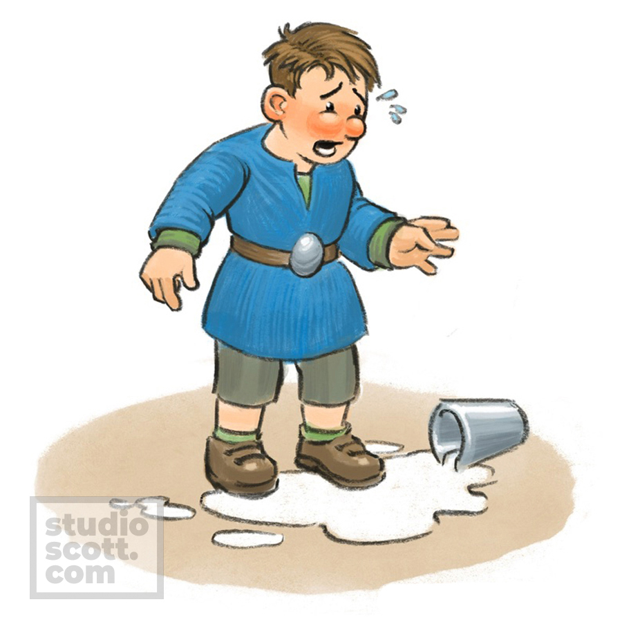 A small child stands in a puddle of spilt milk and cries.
